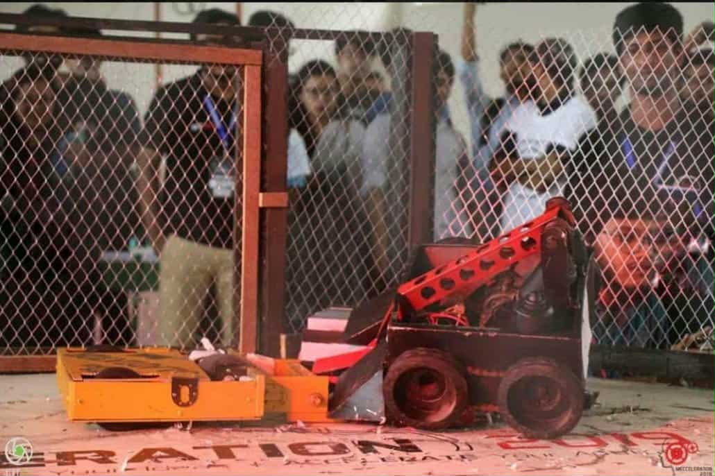Flipper battle robot inside a competition arena